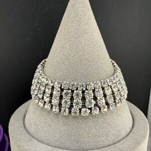 Vintage‎ Rhinestone Bracelet Silver Tone Four Row Wide Clear Crystal 7in